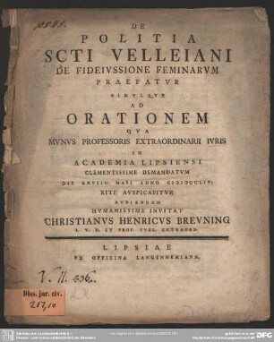 De Politia Scti Velleiani De Fideiussione Feminarum Praefatur Simulque Ad Orationem