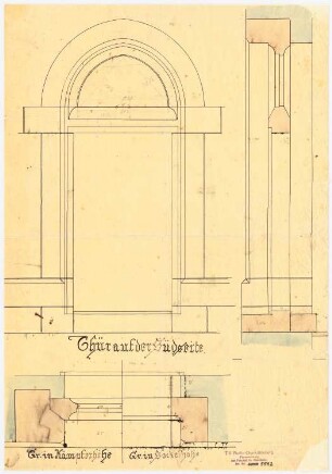 Kirche, Barneberg: Tür Südseite, Ansicht, Grundriss, Schnitt 1:10