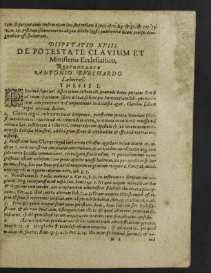 Disputatio XVIII. De Potestate Clavium Et Ministerio Ecclesiastico, Respondente Antonio Burchardo