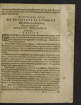 Disputatio XVIII. De Potestate Clavium Et Ministerio Ecclesiastico, Respondente Antonio Burchardo