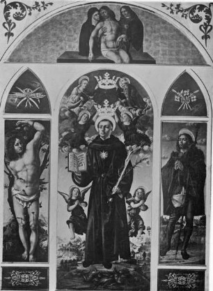Der heilige Nikolaus von Tolentino zwischen den Heiligen Sebastian und Rochus
