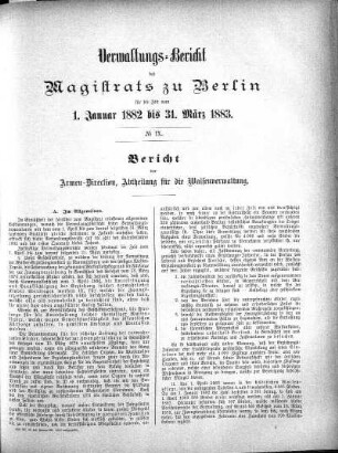 No. IX. Bericht der Armen-Direction, Abtheilung für die Waisenverwaltung