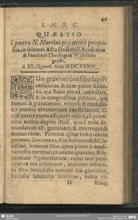 Quaestio a puero N. Martini pro more proposita, in solenni Actu Doctorali Academiae & Facultatis Theologicae Witebergensis, d. XV. Quintil. Anni MDCXXXIV