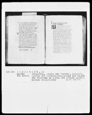 Evangeliar mit Capitulare, Palastschule Karls des Kahlen — Initiale M(arcus evangelista), Folio 65recto