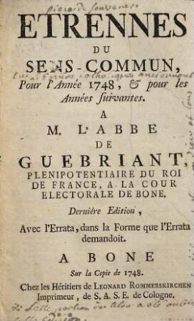 Etrennes Du Sens-Commun : Pour l'Anne 1748, & pour les Années suivantes