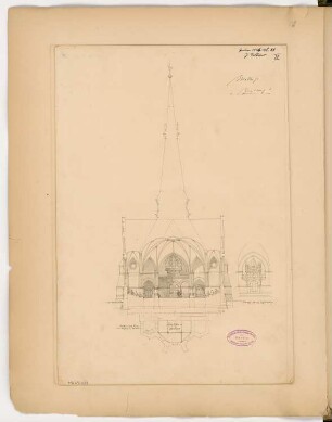 Evangelische Kirche St. Johannis, Eberswalde Monatskonkurrenz Januar 1886: Grundriss-Ausschnitt Keller, Querschnitt (Richtung Orgel/Eingang) mit Variante; Maßstabsleiste