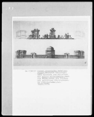 Kassel & Schloß Wilhelmshöhe & Mittelbau oben als Ruine unten als Rundbau mit seitlichen Säulengängen