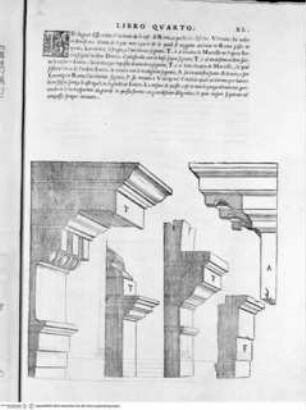 Regole generali di architettura di Sabastiano Serlio bolognese sopra le cinque maniere degli edifici, ... (4. Buch), Folio XL: Ionische Ordnung, Architrav, Fries, Gesims