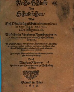 Reichs-Schlüsse Inn Schuldsachen, über den Oßnabrüggischen Friedensschluß anno 1648