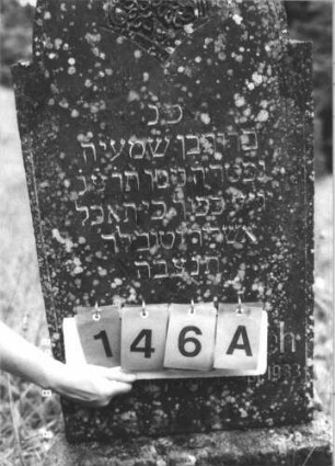 Grabstein 146 (Index: 99799430) Material: Granit Zustand: bewachsen Maße HxBxT: 133x46x14 cm Beschreibung: Stele, eingezogener Spitzbogenabschluß, Sockel Symbolik: floral: Grabstein 146A