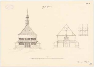 Holzkirche, Groß-Döbern: Ansicht und Querschnitt 1:100 (aus: Die Holzkirchen und Holztürme der preußischen Ostprovinzen)
