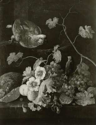 Stillleben mit Blumen, Früchten und zwei Papageien