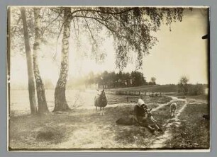 Frau mit Schafen am Waldrand sitzend