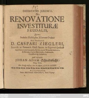 Dissertatio Iuridica, De Renovatione Investiturae Feudalis