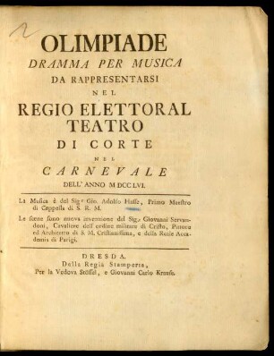 Olimpiade : Dramma Per Musica ; Da rappresentarsi Nel Regio Elettoral Teatro Di Corte Nel Carnevale Dell' Anno M DCC LVI