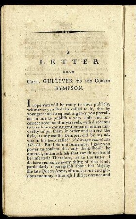 A Letter From Capt. Gulliver to his Cousin Sympson.