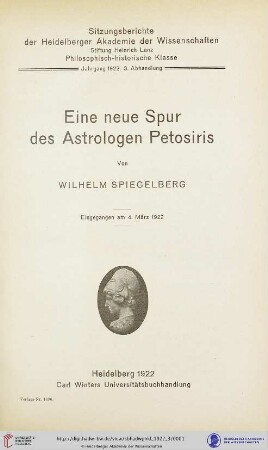1922, 3. Abhandlung: Sitzungsberichte der Heidelberger Akademie der Wissenschaften, Philosophisch-Historische Klasse: Eine neue Spur des Astrologen Petosiris