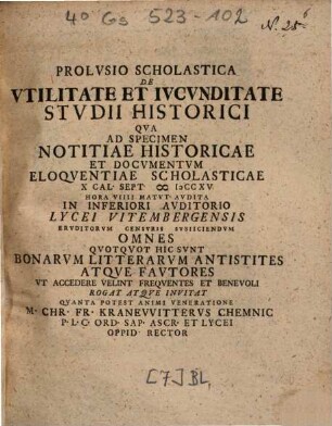 Prolusio scholastica de utilitate et iucunditate studii historici