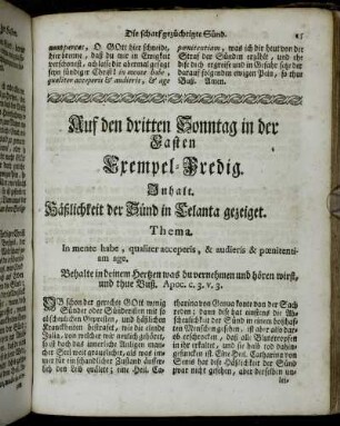 Auf den dritten Sonntag in der Fasten Exempel-Predig. Inhalt. Häßlichkeit der Sünd in Lelanta gezeiget