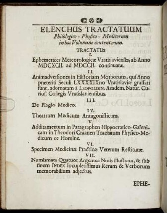 Elenchus Tractatuum Philologico-Physico-Medicorum in hoc Volumine contentorum.