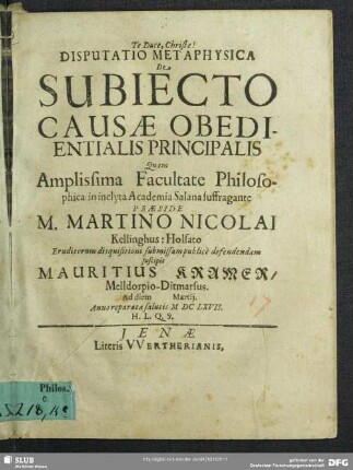 Disputatio Metaphysica De Subiecto Causae Obedientialis Principalis