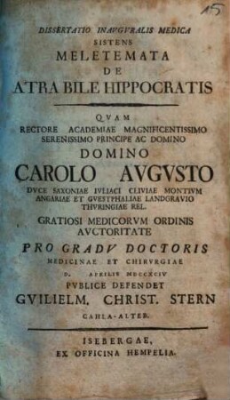 Dissertatio Inauguralis Medica Sistens Meletemata De Atra Bile Hippocratis