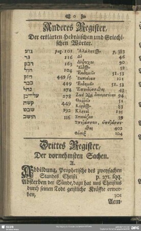 Anderes Register, Der erklärten hebräischen und Griechischen Wörter
