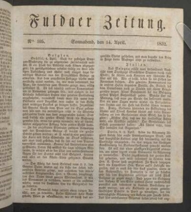 Sonnabend, den 14. April. 1832