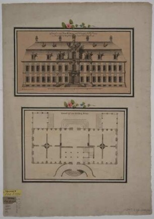 Auf- und Grundriss des Holländischen Palais in Dresden, Kupferstich, nach 1730 : Facade von dem Königl. und Churfl. Holl. Palais in Neustadt bey Dreßden samt dem Grundriß / Bodenehr fec. et Exc. - [Dresden] , [nach 1730]. - 1 Aufriss und 1 Grundriß auf 1 Bl. : Kupferstich ; Gesamtgr. 38 x 55 cm