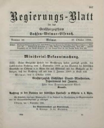 111. Ministerial-Bekanntmachung, betreffend einen Nachtrag zu den Statuten der städtischen Sparkasse in Ostheim v. d. Rhön
