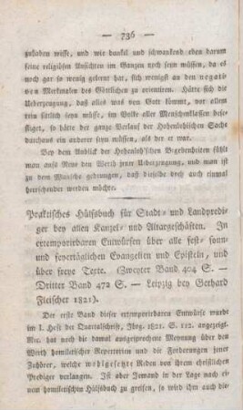 736-737 [Rezension] Praktisches Hülfsbuch für Stadt- und Landprediger bei allen Kanzel- und Altargschäften; 2. und 3. Band