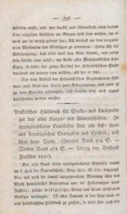 736-737 [Rezension] Praktisches Hülfsbuch für Stadt- und Landprediger bei allen Kanzel- und Altargschäften; 2. und 3. Band