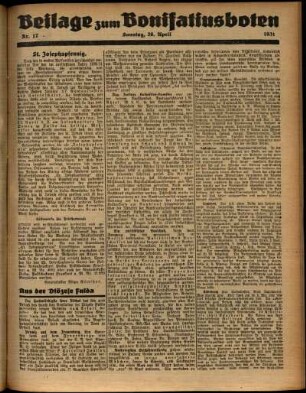 Zweite Ausgabe vom Sonntag, den 26. April 1931.