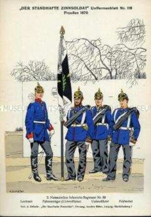 Uniformdarstellung, Leutnant, Fahnenträger-Unteroffizier, Unteroffizier und Feldwebel des 2. Nassauischen Infanterie-Regiments Nr. 88, Königreich Preußen, 1870.