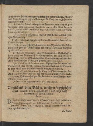 Verzeichnüß derer Bücher/ welche in Leipzigischen Oster-Marckt 1651 ausgangen/ und nicht nach Franckfurt am Meyn kommen seynd.