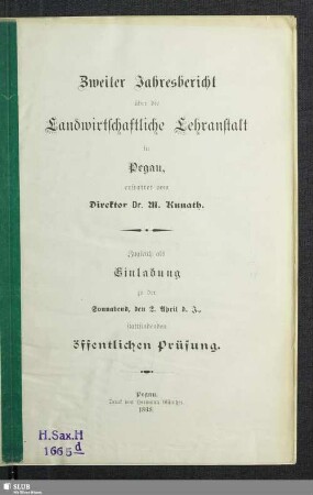 2.1898: Jahresbericht über die Landwirtschaftliche Lehranstalt in Pegau