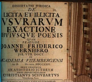 Diss. iur. de licita et illicita usurarum exactione huiusque poenis