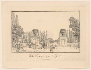 Der westliche Eingang in die Hauptallee im Großen Garten in Dresden mit zwei Schmuckvasen von Antonio Corradini, im Hintergrund das Palais
