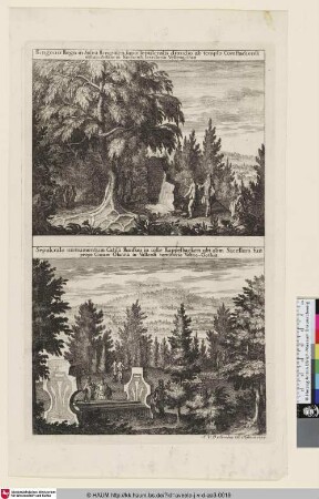 Suecia Antiqua et Hodierna; oben: [Waldszene mit Ruine]; unten: [Grabstätte im Wald]