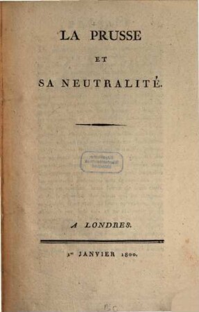 La Prusse Et Sa Neutralité