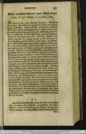 Königl. preußisches General-Land-Schul-Reglement, de dato Berlin, d. 12 Aug. 1763