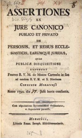 Assertiones ex iure canonico ... de personis et rebus ecclesiasticis, eorumque iuribus