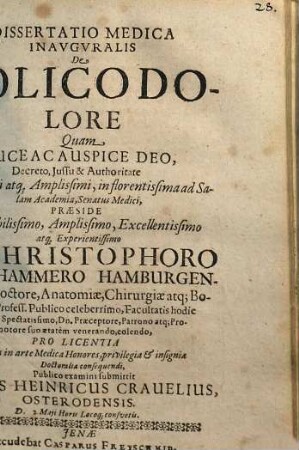 Dissertatio Medica Inauguralis De Colico Dolore