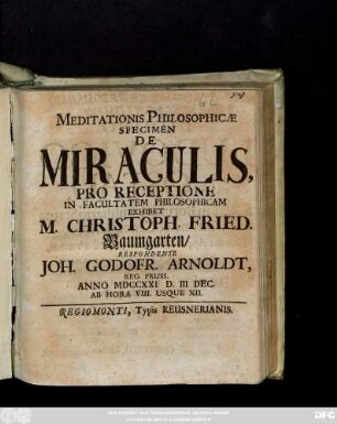 Meditationis Philosophicæ Specimen De Miraculis
