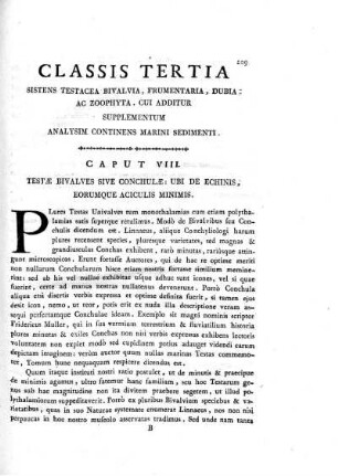 Classis Tertia sistens testacea bivalvia, frumentaria, dubia ac zoophyta, cui additur supplementum analysim continens marini sedimenti.