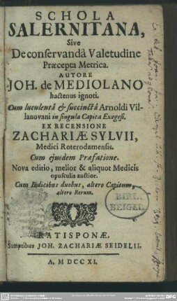 Schola Salernitana, Sive De conservandâ Valetudine Praecepta Metrica