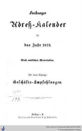 Freiburger Adreß-Kalender : für das Jahr 1873