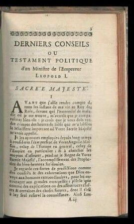 Derniers conseils du testament politique d'un Ministre de l'Empereur Leopold I.