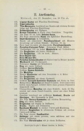II. Auctionstag. Mittwoch, den 22. December, von 10 Uhr ab