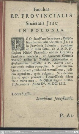 Facultas Rp. Provincialis Societatis Jesu In Polonia